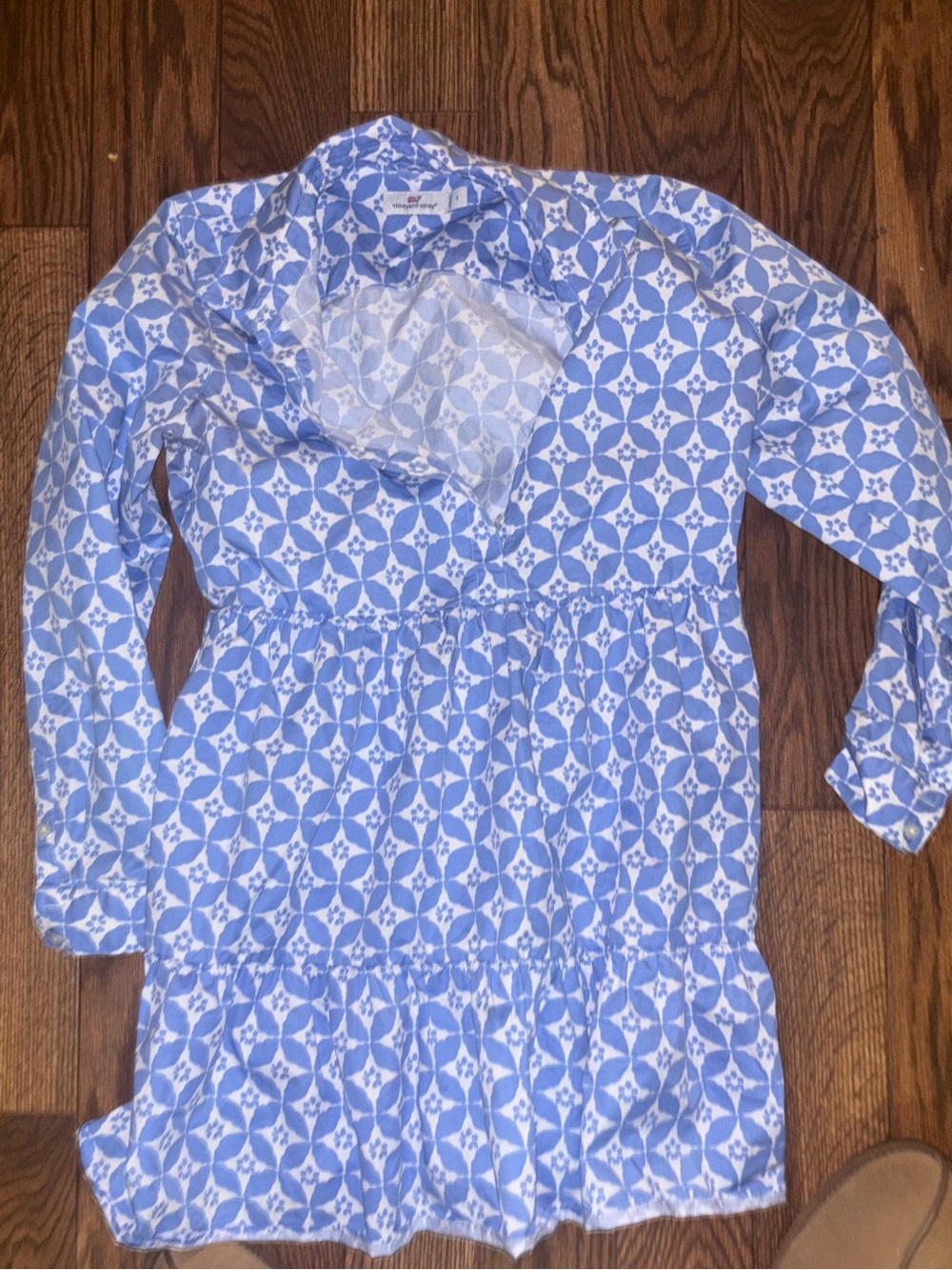 Vineyard Vines blue and white geometric print tiered midi dress size small